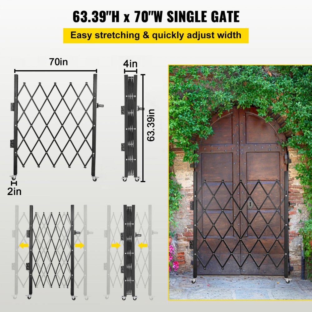 Single Folding Security Gate, 5.1`H x 5.9`W （61 x 71 inch）Folding Door Gate, Steel Accordion Security Gate, Flexible Expanding Security Gate, 360° Rolling Barricade Gate, Scissor Gate/Door with Padlock