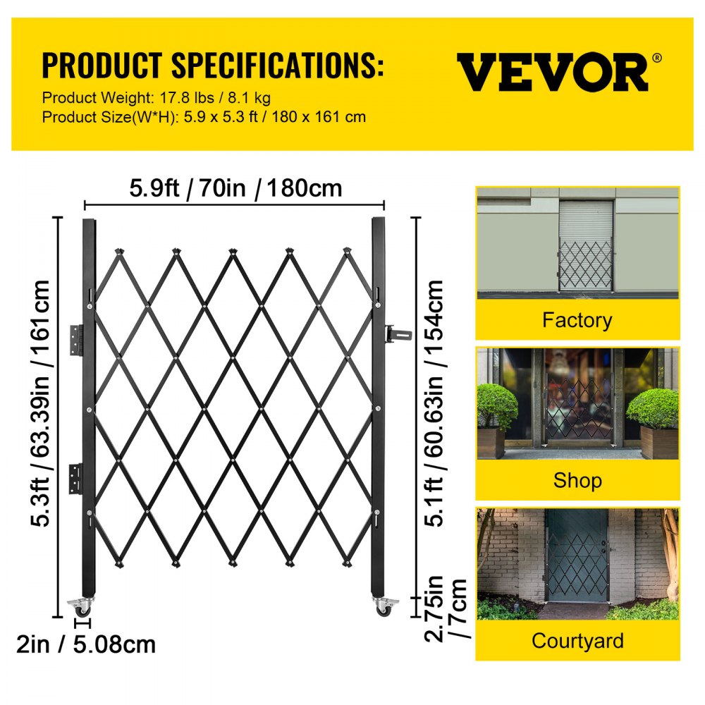 Single Folding Security Gate, 5.1`H x 5.9`W （61 x 71 inch）Folding Door Gate, Steel Accordion Security Gate, Flexible Expanding Security Gate, 360° Rolling Barricade Gate, Scissor Gate/Door with Padlock