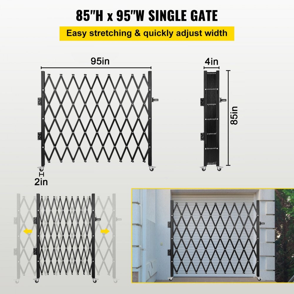 Single Folding Security Gate, 7.1`H x 7.9` W （85 x 95 inch）Folding Door Gate, Steel Accordion Security Gate, Flexible Expanding Security Gate, 360° Rolling Barricade Gate, Scissor Gate/Door with Padlock