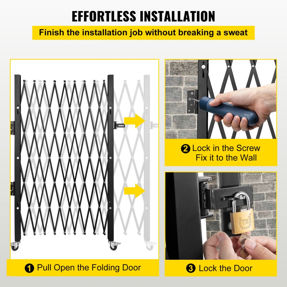 Single Folding Security Gate, 7.1`H x 7.9` W （85 x 95 inch）Folding Door Gate, Steel Accordion Security Gate, Flexible Expanding Security Gate, 360° Rolling Barricade Gate, Scissor Gate/Door with Padlock
