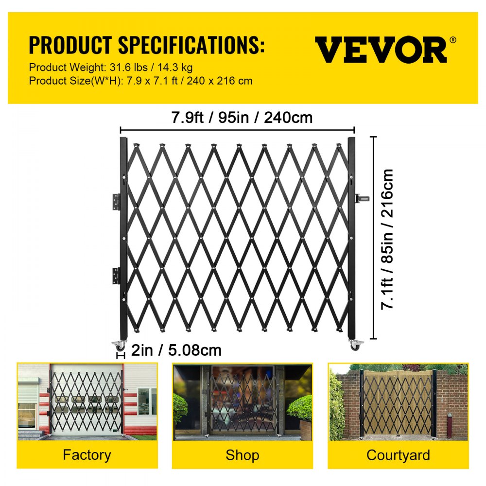 Single Folding Security Gate, 7.1`H x 7.9` W （85 x 95 inch）Folding Door Gate, Steel Accordion Security Gate, Flexible Expanding Security Gate, 360° Rolling Barricade Gate, Scissor Gate/Door with Padlock