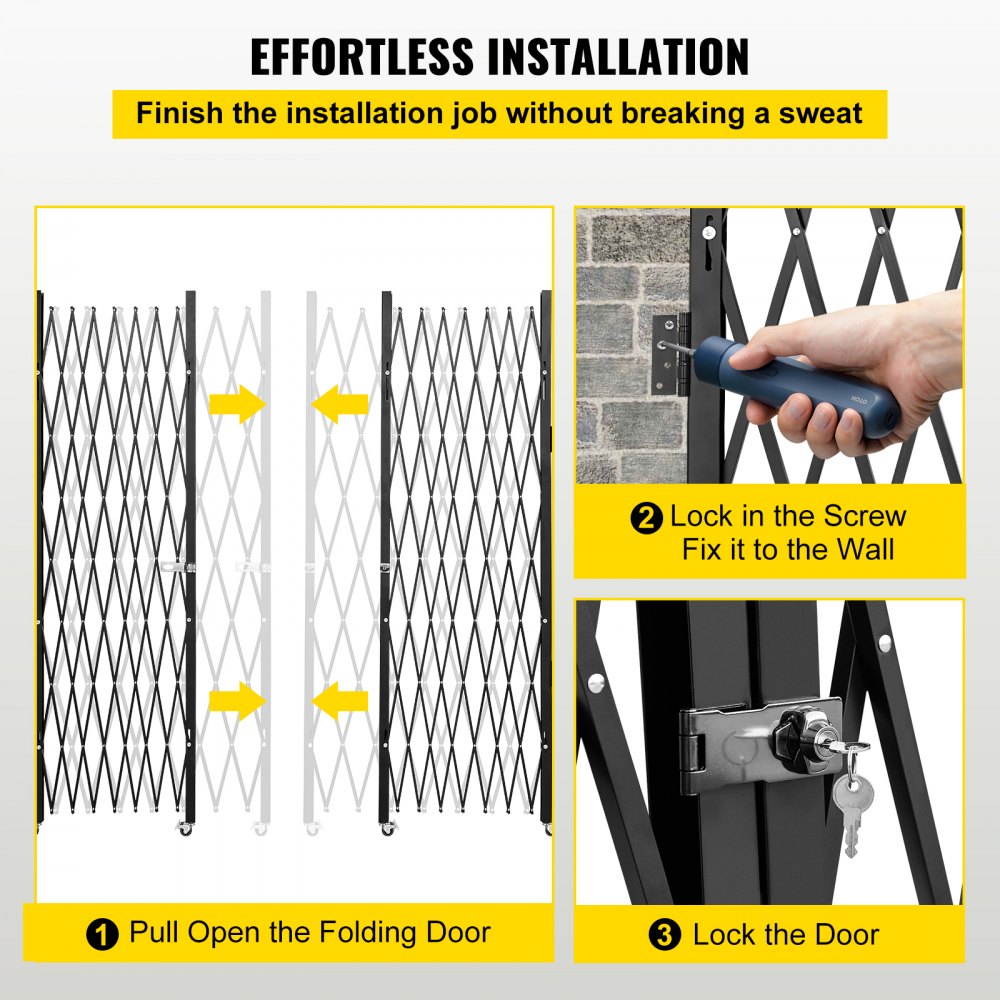 Double Folding Security Gate, 5.1` H x 10.2` W Folding Door Gate, Steel Accordion Security Gate, Flexible Expanding Security Gate, 360° Rolling Barricade Gate, Scissor Gate or Door with Keys