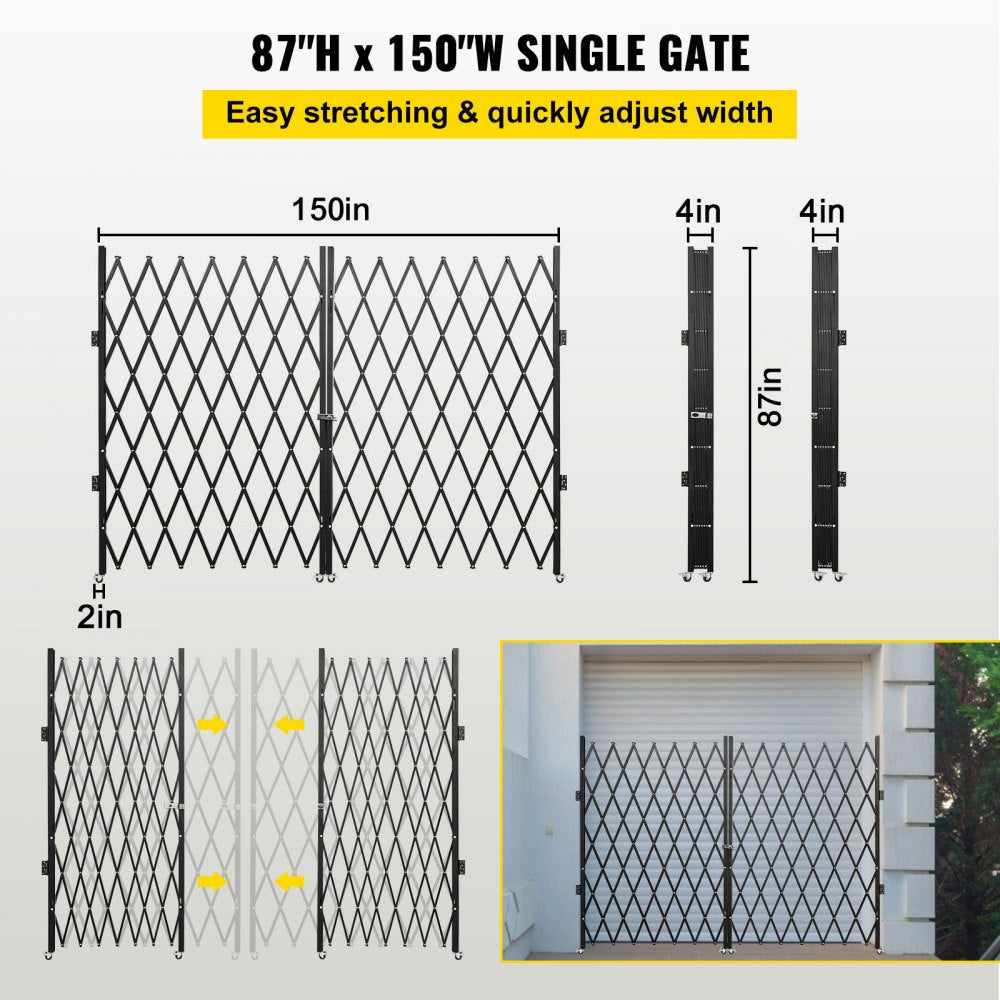 Double Folding Security Gate, 7.1` H x 12.5` W Folding Door Gate, Steel Accordion Security Gate, Flexible Expanding Security Gate, 360° Rolling Barricade Gate, Scissor Gate or Door with Keys