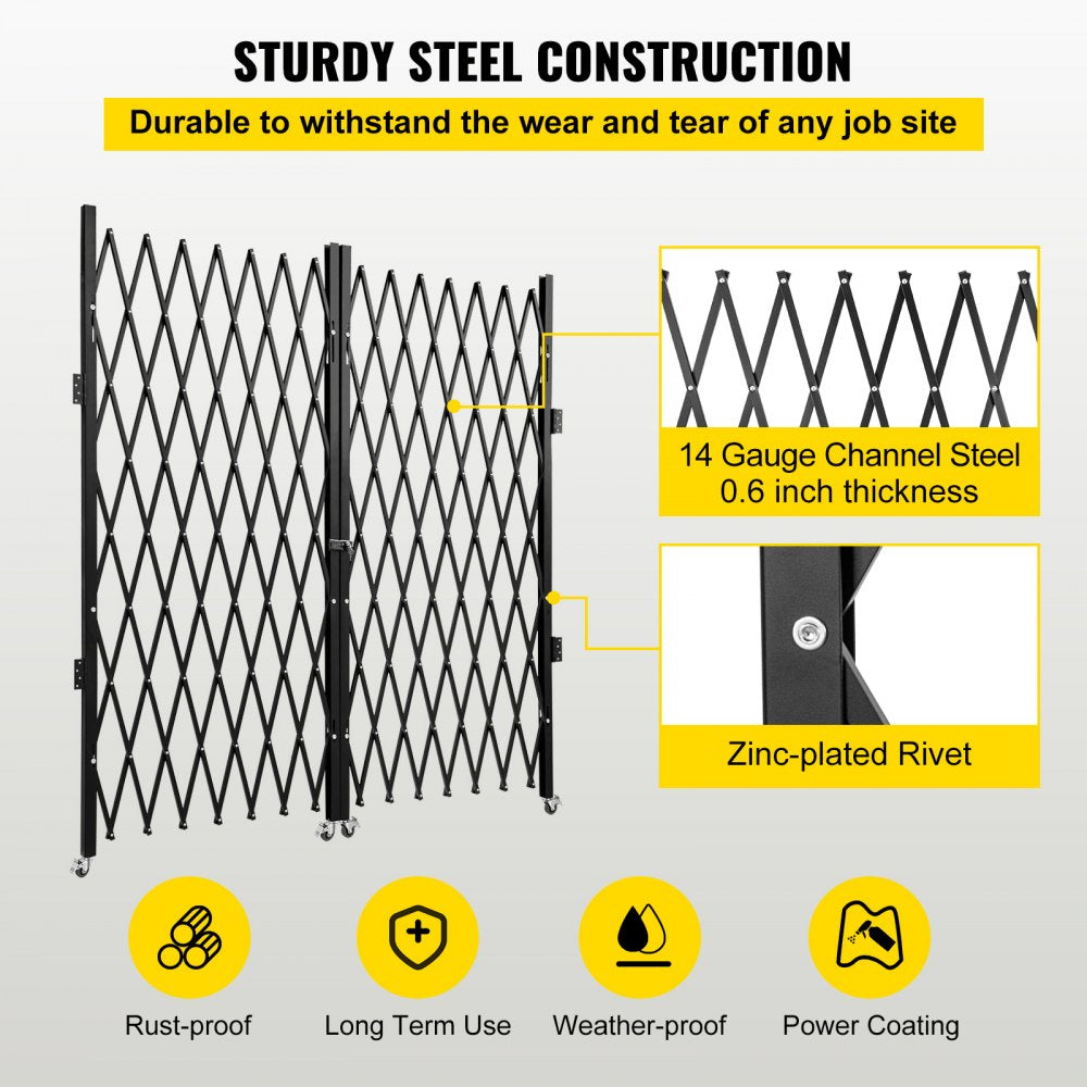 Double Folding Security Gate, 7.1` H x 12.5` W Folding Door Gate, Steel Accordion Security Gate, Flexible Expanding Security Gate, 360° Rolling Barricade Gate, Scissor Gate or Door with Keys