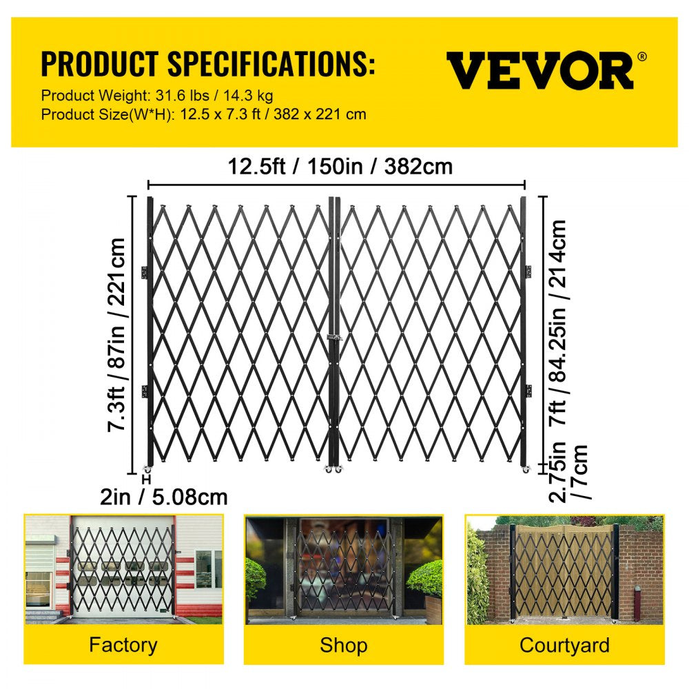 Double Folding Security Gate, 7.1` H x 12.5` W Folding Door Gate, Steel Accordion Security Gate, Flexible Expanding Security Gate, 360° Rolling Barricade Gate, Scissor Gate or Door with Keys
