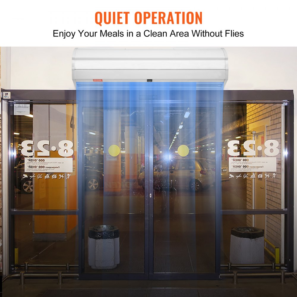 36-inch white indoor air curtain mounted above a glass door, emitting a blue airflow barrier.