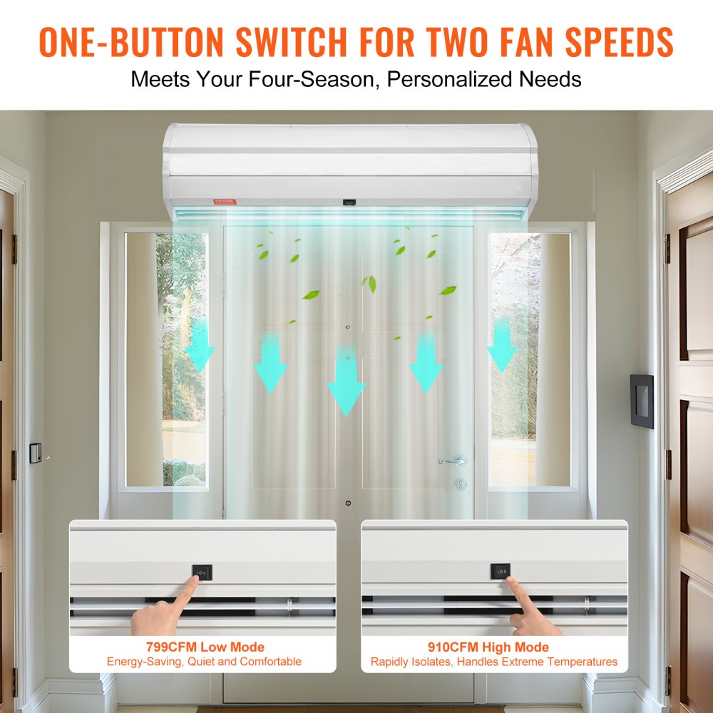 36-inch white indoor air curtain with 900 CFM dual-speed fan mounted above a door.