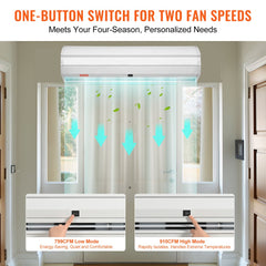 36-inch white indoor air curtain with 900 CFM dual-speed fan mounted above a door.
