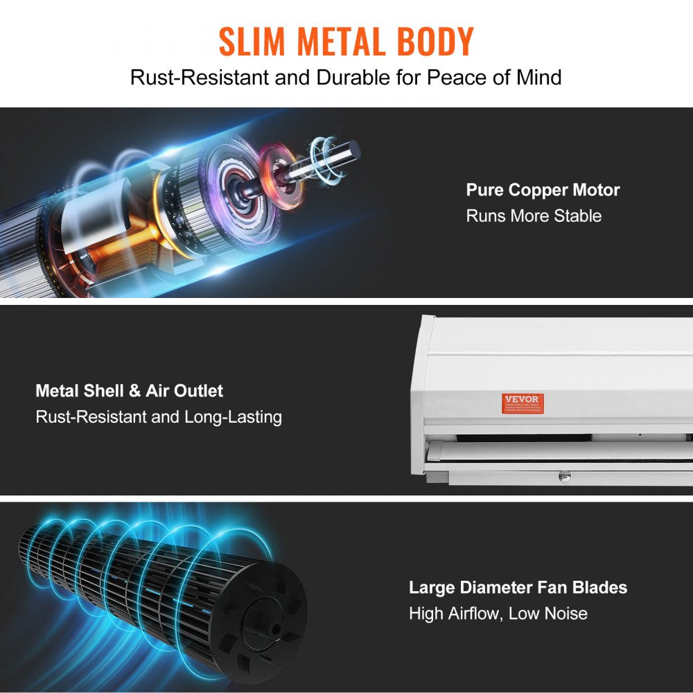 36-inch white indoor air curtain with slim metal body, pure copper motor, and large fan blades.