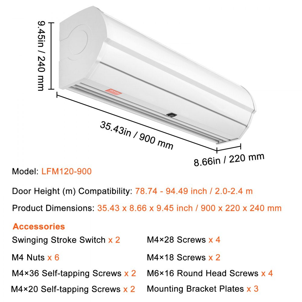 36-inch white unheated indoor air curtain with 900 CFM, 2 speeds, and mounting dimensions.