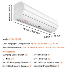36-inch white unheated indoor air curtain with 900 CFM, 2 speeds, and mounting dimensions.