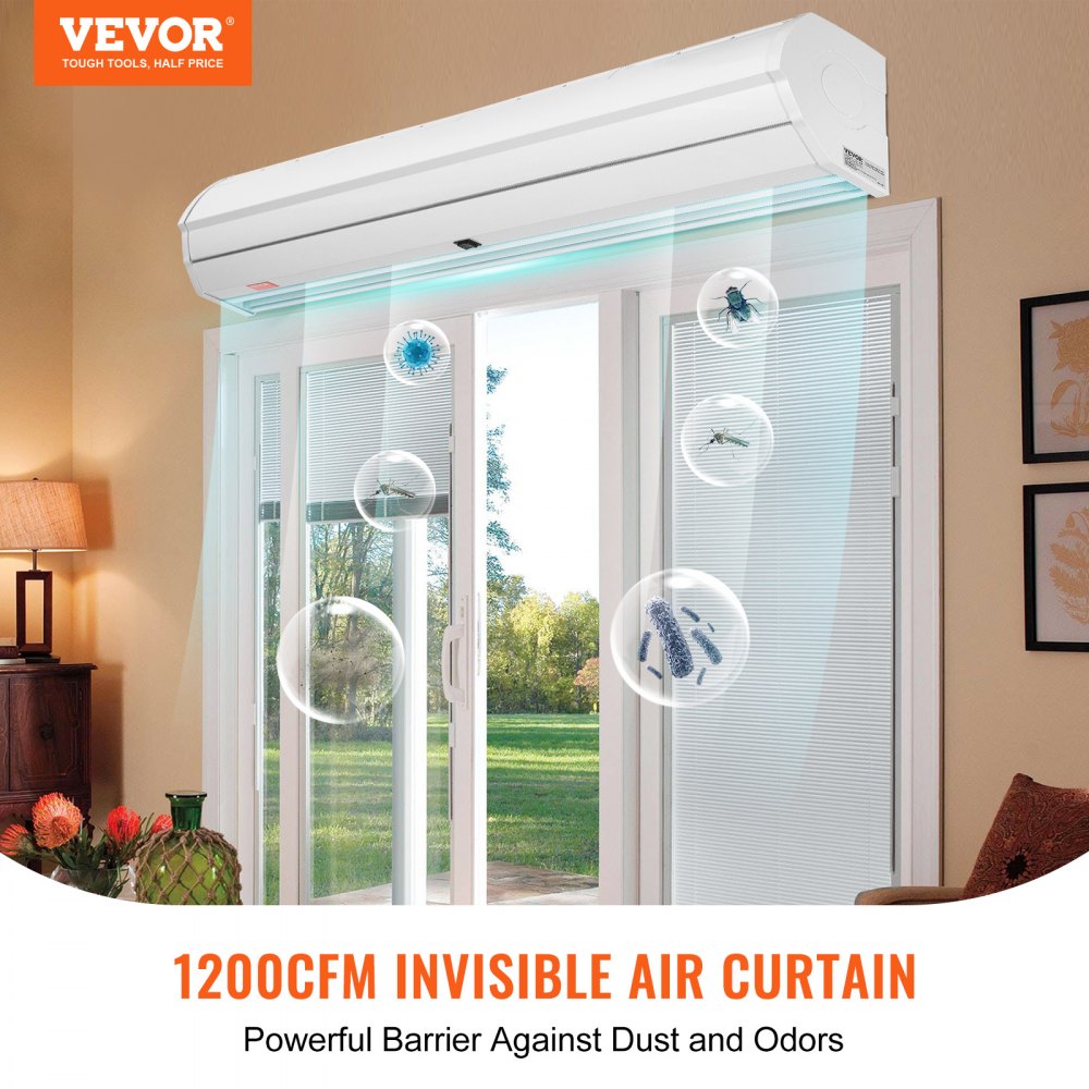 Wall-mounted Bostome 48" air curtain with two-speed operation and durable metal construction.
