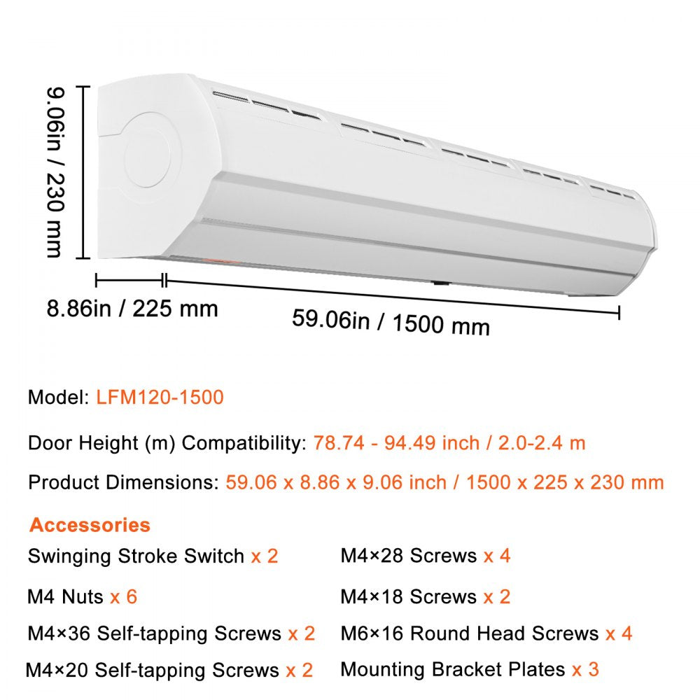 60" Commercial Indoor Air Curtain Super Power 2 Speeds 1500CFM, Wall Mounted Air Curtains for Doors, Indoor Over Door Fan with Heavy Duty Limit Switch, Easy-Install 110V Unheated