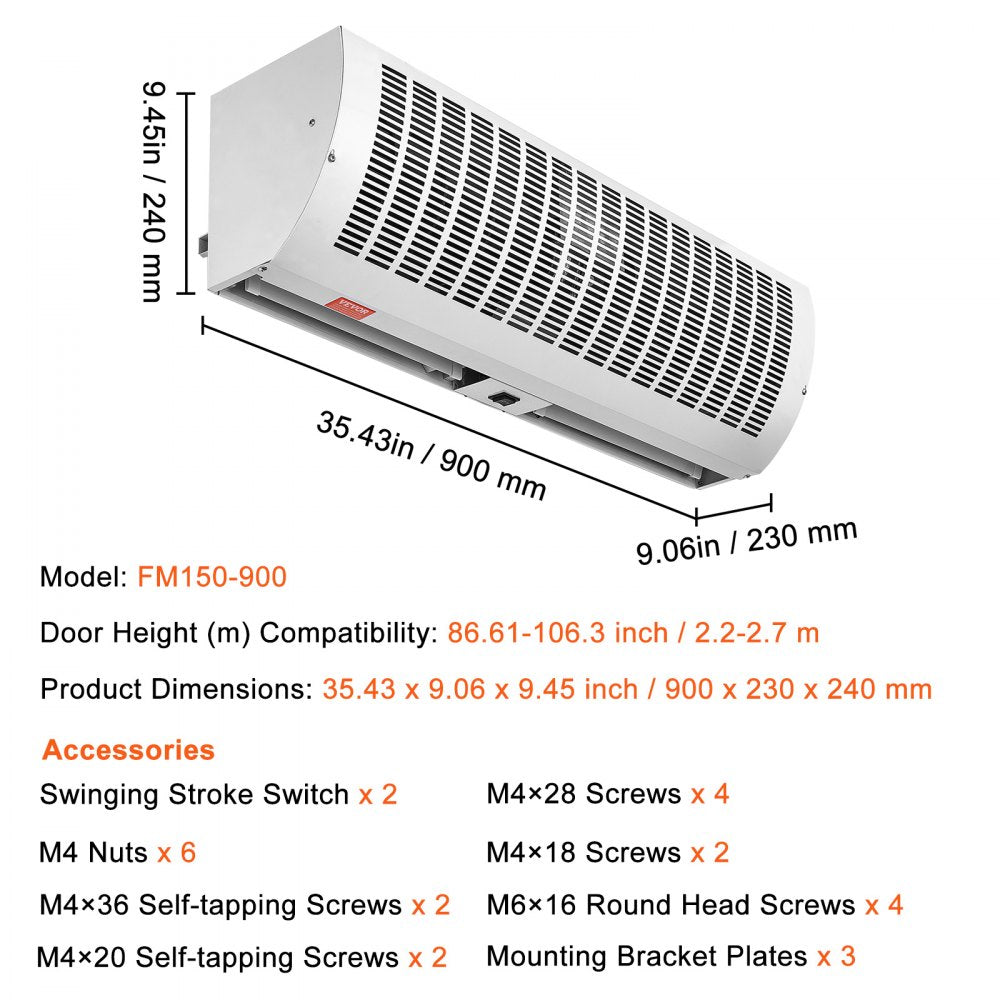 Wall-mounted air curtain with 1200 CFM airflow and two-speed settings for commercial use.