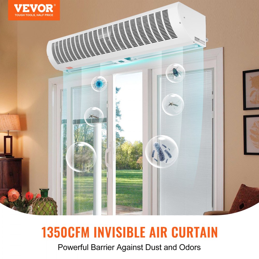 A 42-inch wall-mounted unheated air curtain with 1350 CFM airflow, shown installed above sliding doors.