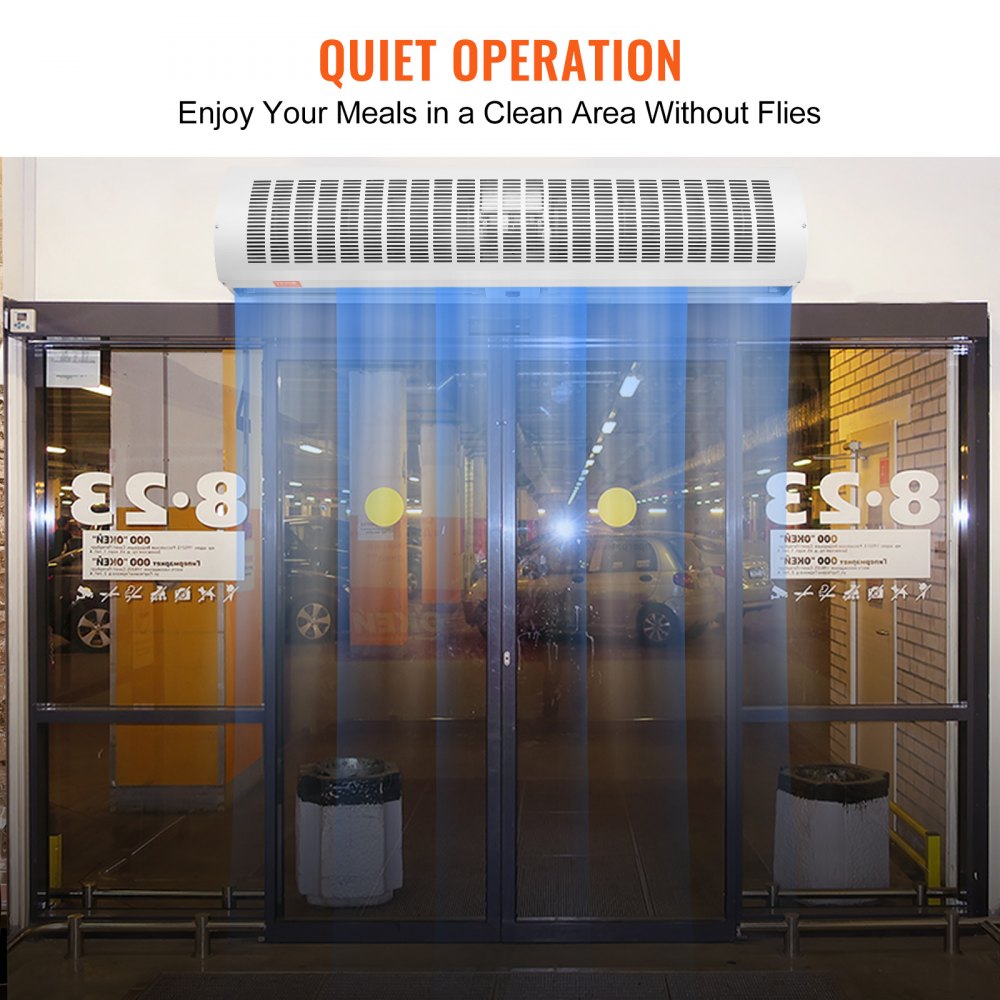 Wall-mounted 42-inch air curtain with 1350 CFM airflow and two-speed 110V operation