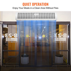 Wall-mounted 42-inch air curtain with 1350 CFM airflow and two-speed 110V operation
