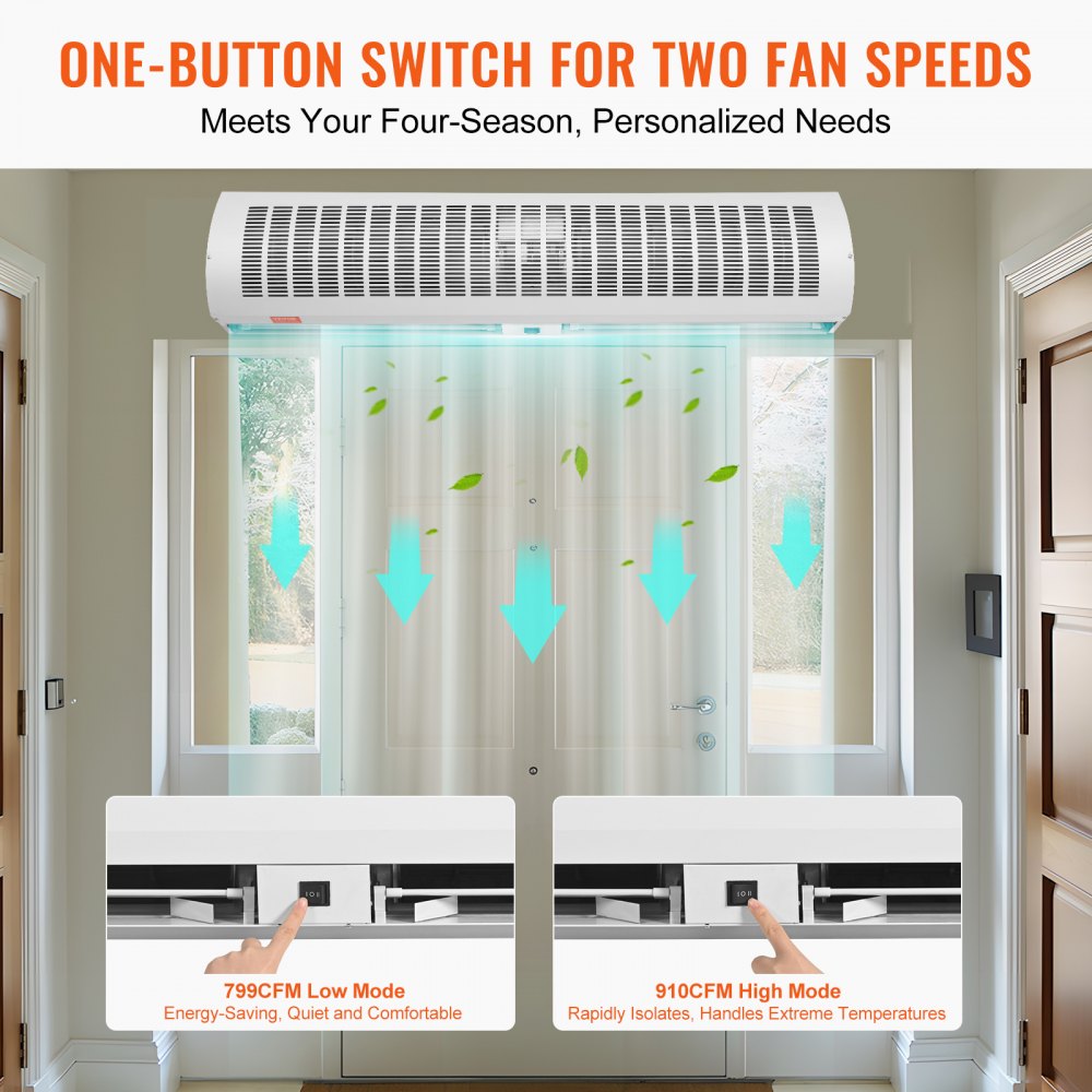 42-inch wall-mounted air curtain with 1350 CFM output and two-speed settings.