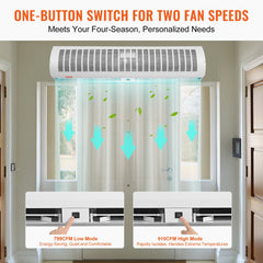 42-inch wall-mounted air curtain with 1350 CFM output and two-speed settings.