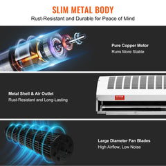 42-inch wall-mounted air curtain with slim metal body, pure copper motor, rust-resistant shell, and large diameter fan blades.