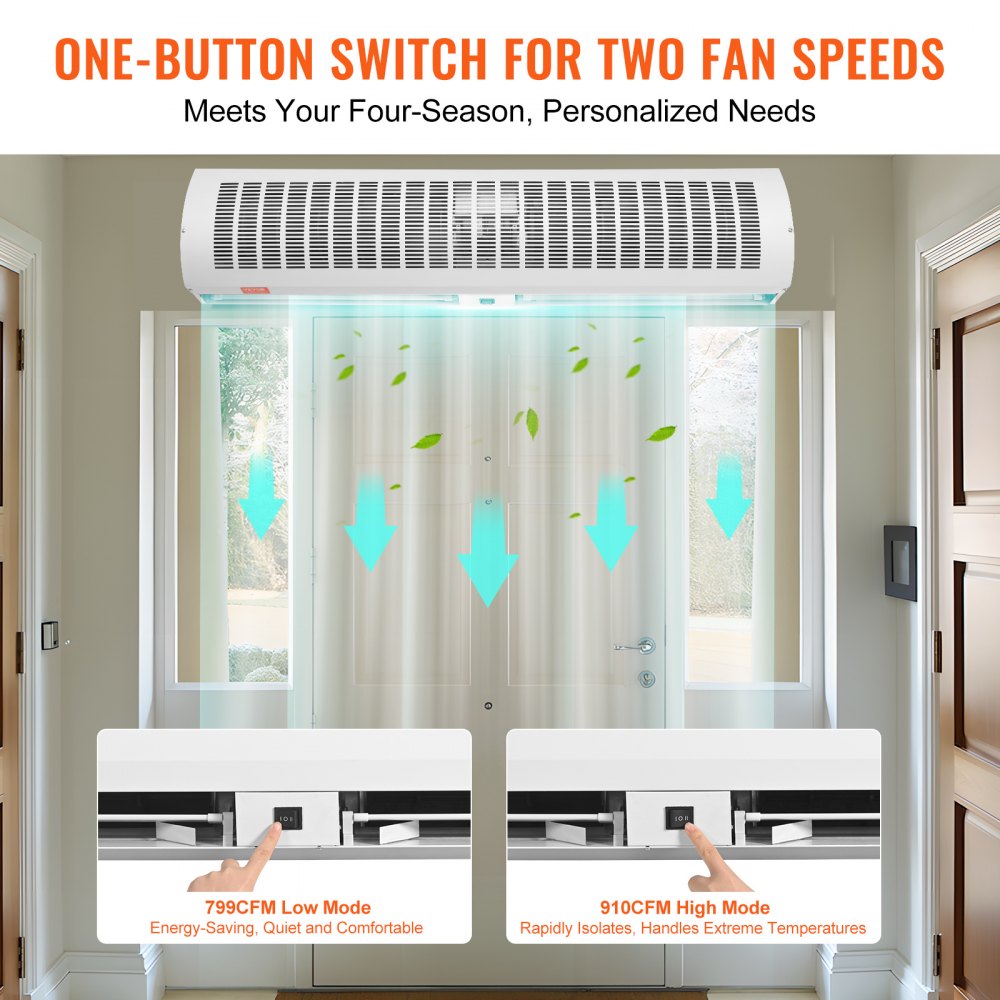 48-inch wall-mounted unheated indoor air curtain with 1650 CFM and two speeds.