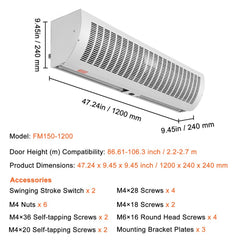 48-inch unheated indoor air curtain with wall mount bracket, dimensions, and hardware.
