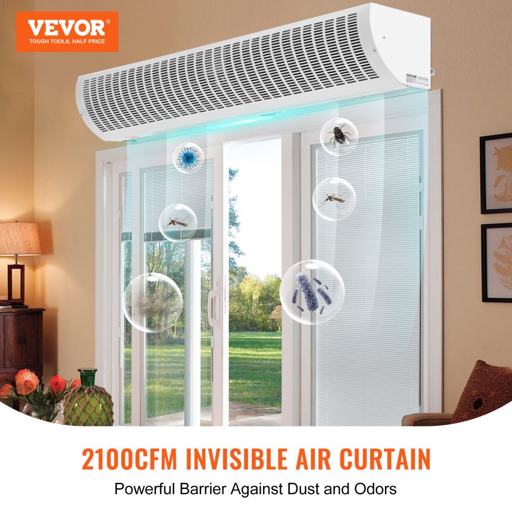 Bostome 60" indoor air curtain with two-speed settings and a metal body for quiet operation.