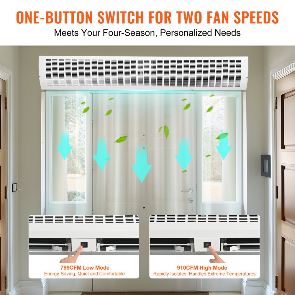 Bostome 60" wall-mounted air curtain with 2100 CFM airflow and two-speed settings.