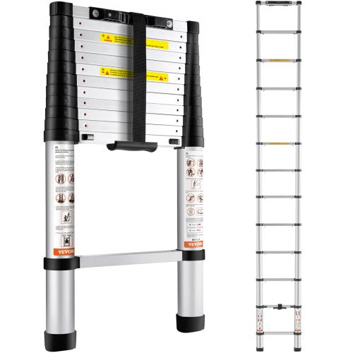 Silver aluminum telescoping ladder extended to 12.5 feet with black rubber feet and safety labels.