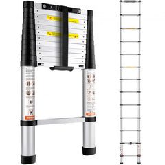 Silver aluminum telescoping ladder extended to 12.5 feet with black rubber feet and safety labels.