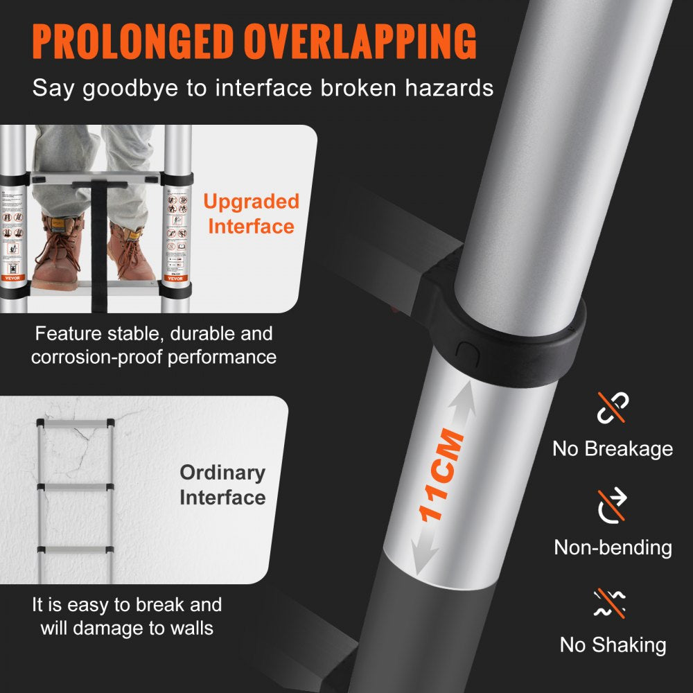Silver aluminum telescoping ladder extended to 12.5 feet with non-slip feet and reinforced joints.