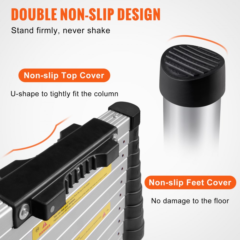 Aluminum telescoping ladder with non-slip top cover and feet for stable extension.