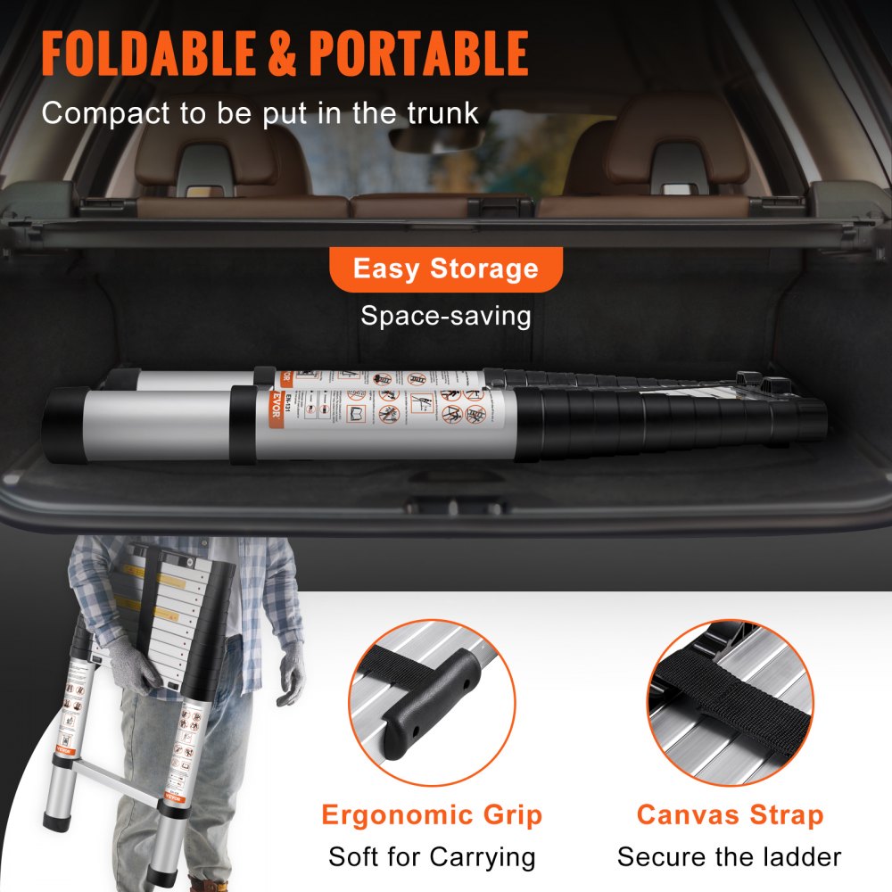 A man carries a compact, silver aluminum telescoping ladder with ergonomic grip and canvas strap, shown folded in a car trunk.