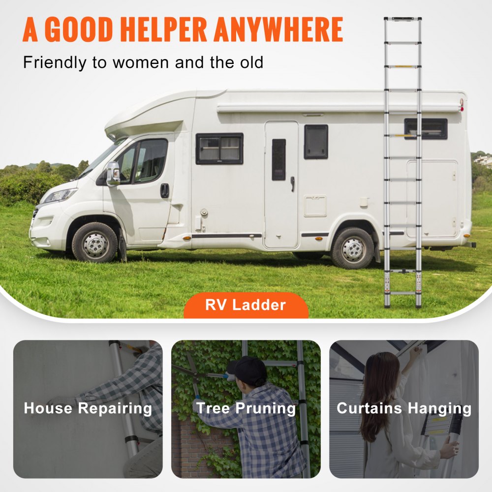 A 12.5 ft aluminum telescoping ladder extended against a white RV on grass.