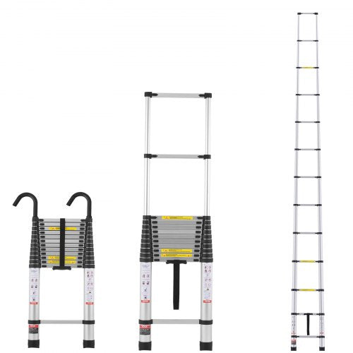 Aluminum telescoping extension ladder with 16.4 ft height and anti-slip foot pads.
