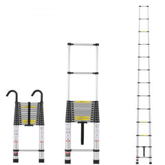 Aluminum telescoping extension ladder with 16.4 ft height and anti-slip foot pads.