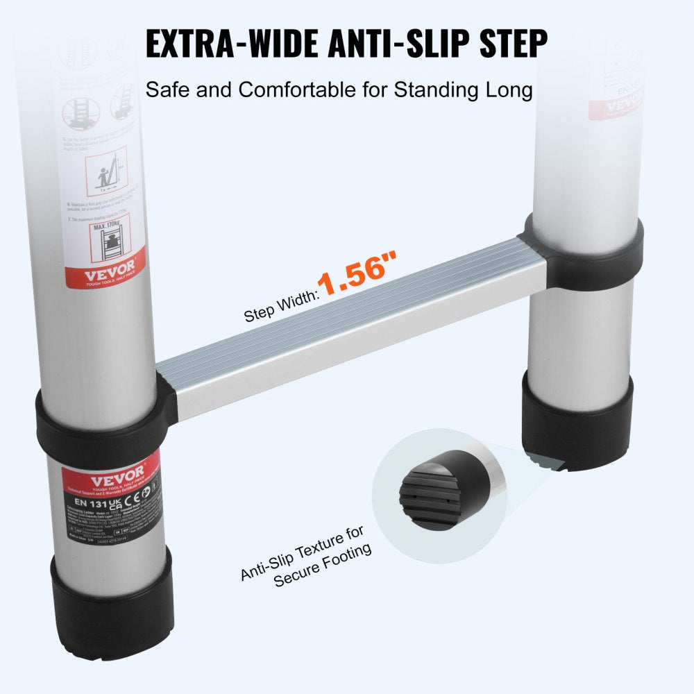 Aluminum telescoping extension ladder with widened rungs and anti-slip foot pads.
