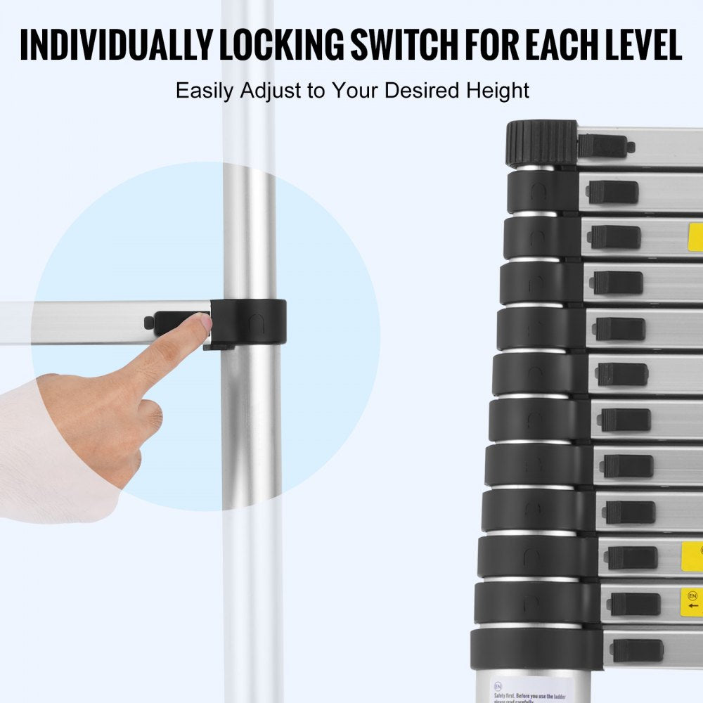 Aluminum telescoping extension ladder with widened rungs and anti-slip foot pads for stability.