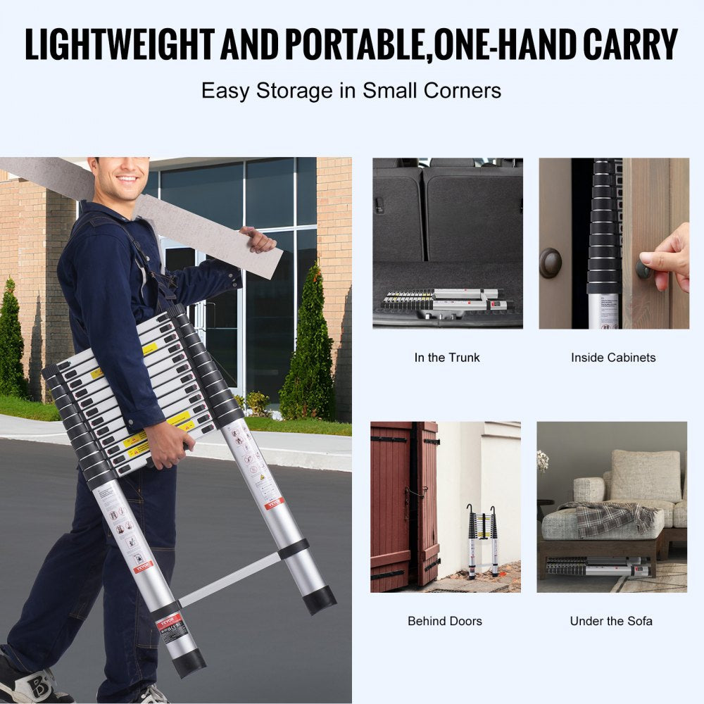 Aluminum telescoping extension ladder with 16.4 feet reach and anti-slip foot pads.