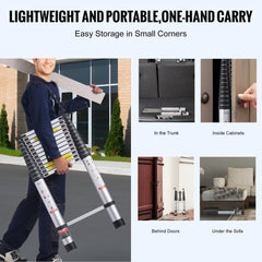 Aluminum telescoping extension ladder with 16.4 feet reach and anti-slip foot pads.
