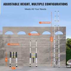 Aluminum telescoping extension ladder, 16.4 feet tall, with anti-slip foot pads and wide rungs.