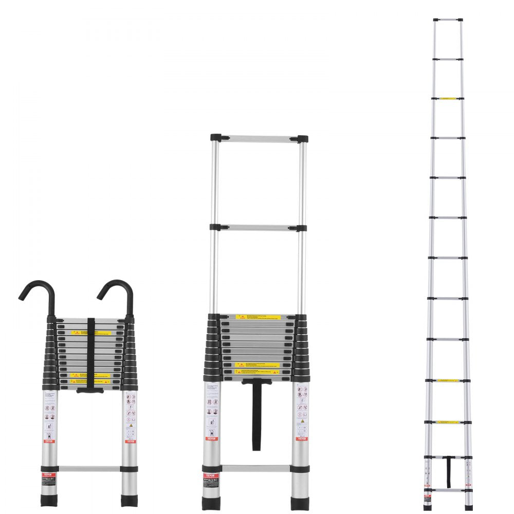 Aluminum telescoping extension ladder, 16.4 feet tall, with anti-slip foot pads and sturdy rungs.