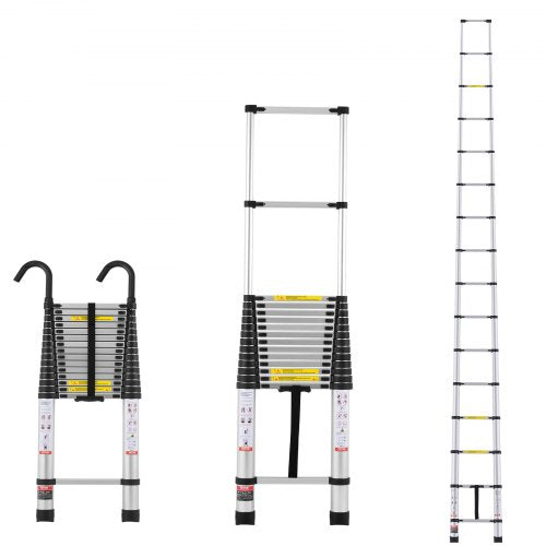 A 20.3-foot aluminum telescoping extension ladder with 16 widened rungs and 375-pound load capacity.