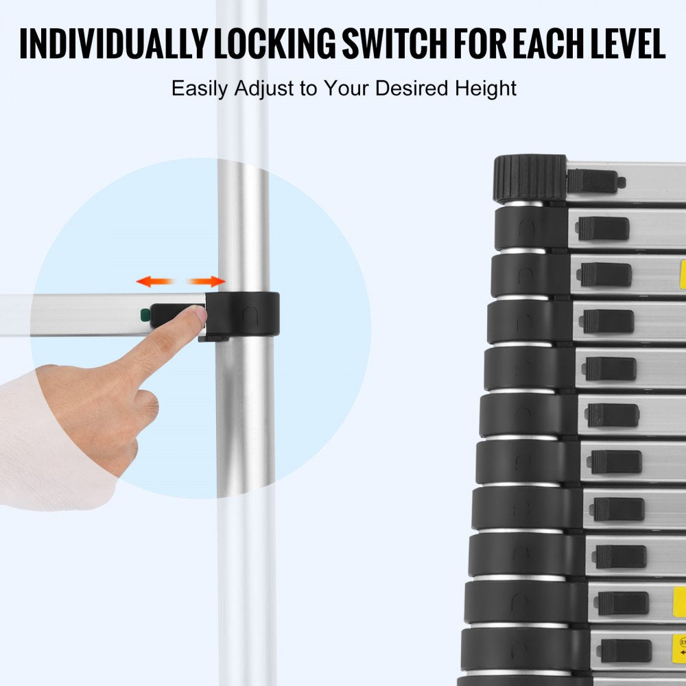 A 20.3-foot aluminum telescoping extension ladder with 16 steps and 375-pound load capacity.
