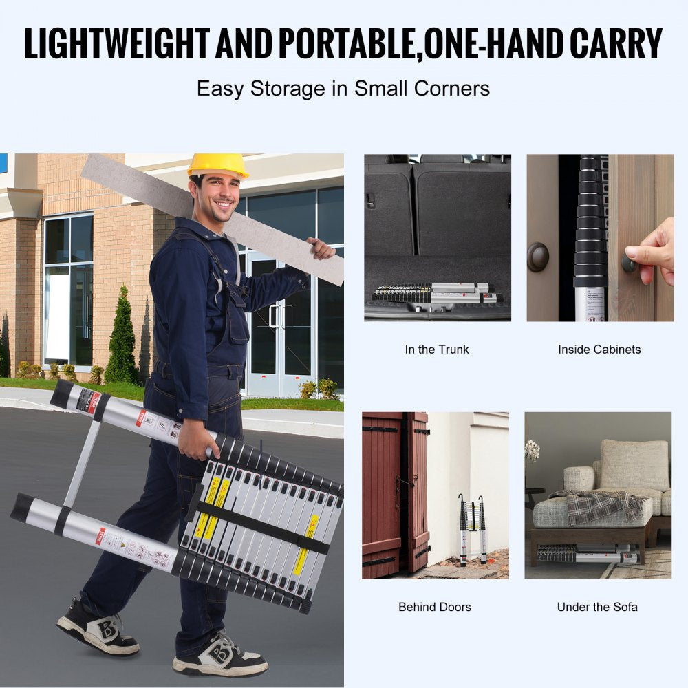 A 20.3-foot aluminum telescoping extension ladder with 16 steps, supporting up to 375 lbs.