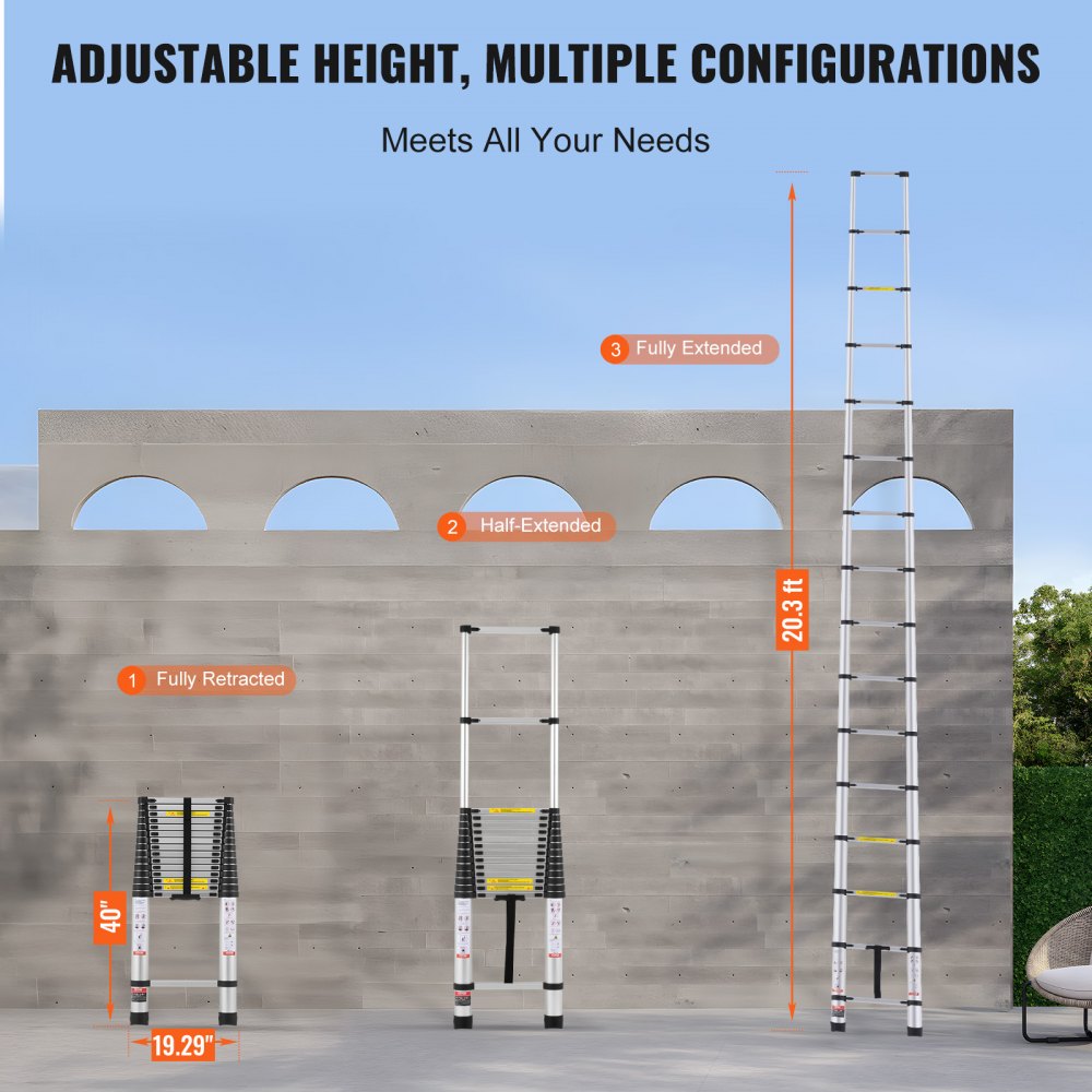 A 20.3-foot aluminum telescoping extension ladder with 16 widened rungs supporting up to 375 pounds.