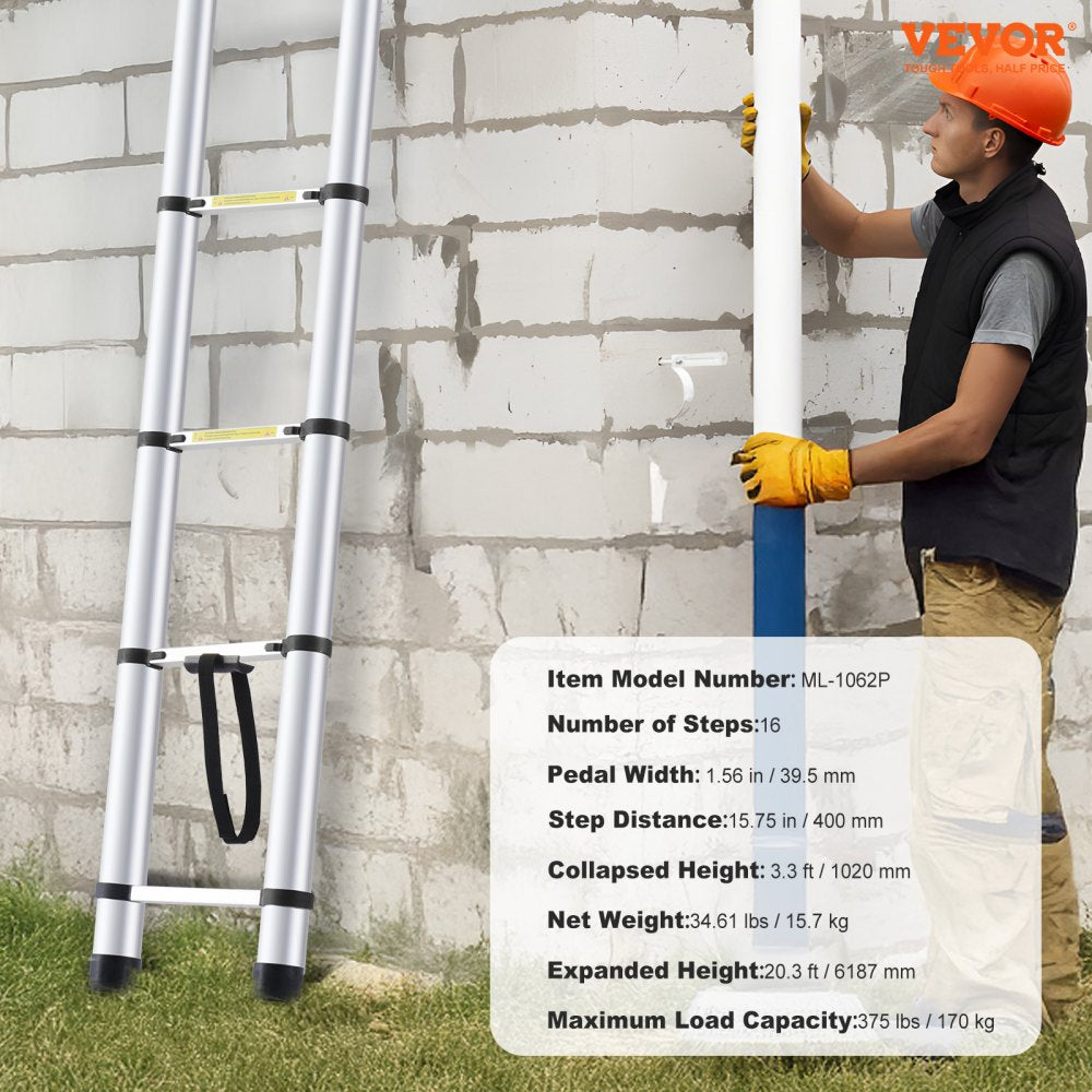 A 20.3-foot aluminum telescoping extension ladder with 16 steps, supporting up to 375 lbs.