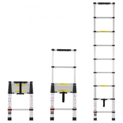 Bostome 8.5FT telescoping extension ladder made of aluminum with widened anti-slip rungs.