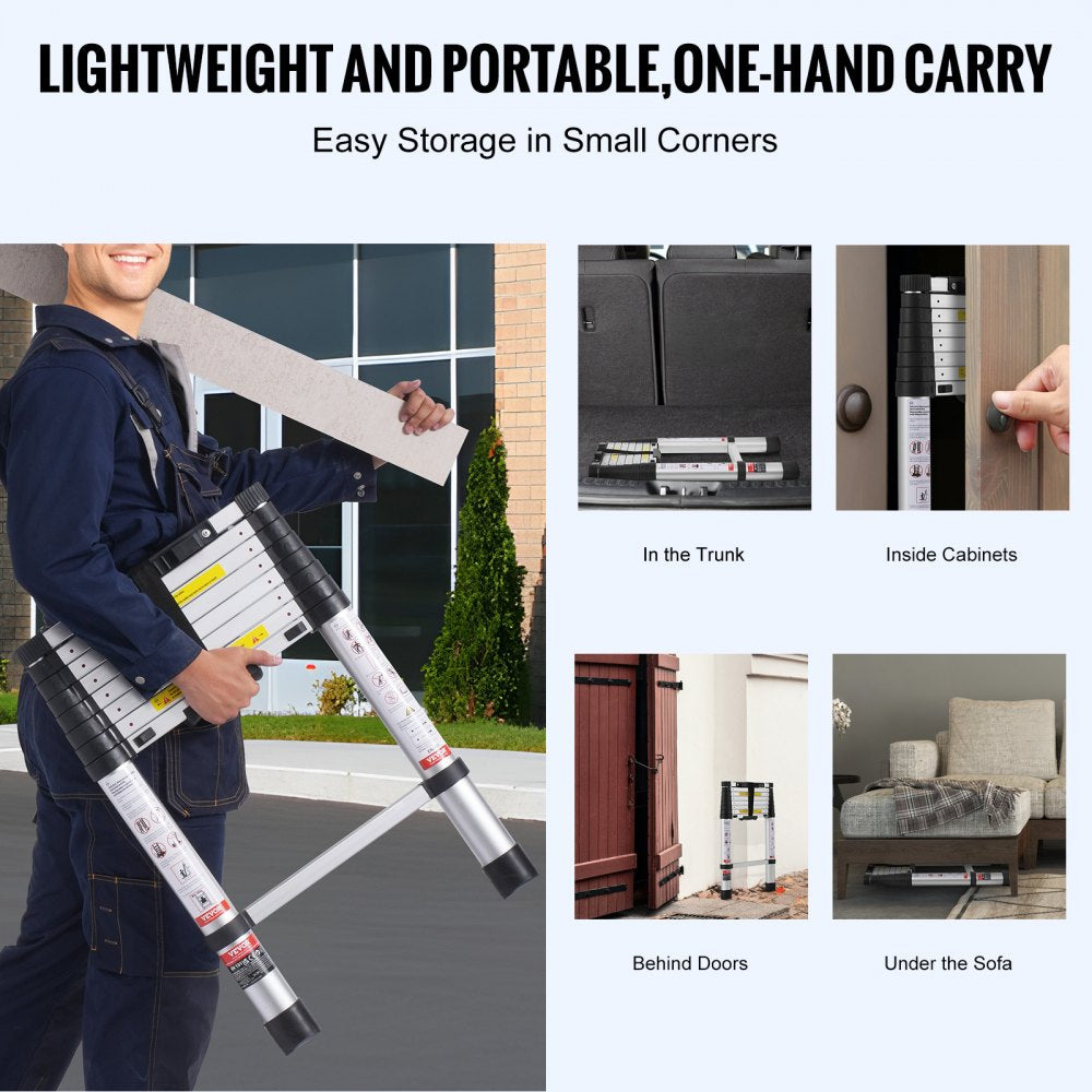 Bostome 8.5FT telescoping extension ladder with aluminum construction and anti-slip rungs.