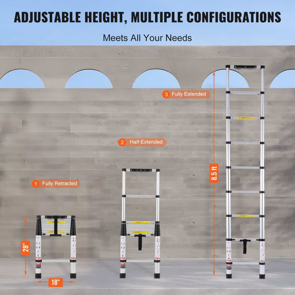 Bostome 8.5FT telescoping extension ladder with aluminum construction and anti-slip rungs.